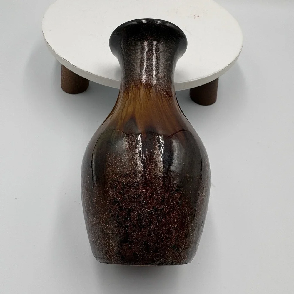 Vintage Small Art Pottery Bud Vase Pretty Drip Glaze Brown Gold Iridescent 5